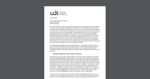 CDT submitted comments to the UK Parliament on the UK Online Safety Bill. White document on a dark grey background.