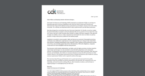 CDT letter to the House Energy & Commerce Staff on the bipartisan privacy bill, the American Data Privacy and Protection Act. White document on a dark grey background.