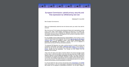 CDT signs an open letter to the European Commission about the child sexual abuse regulation. White document on dark grey background.