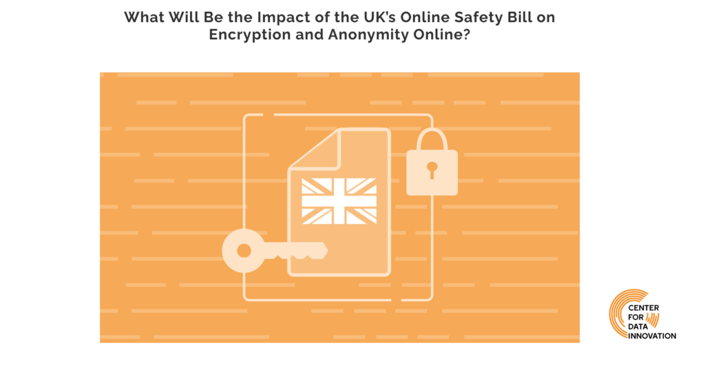 Graphic for the Center for Data Innovation's event, entitled "What Will Be the Impact of the UK’s Online Safety Bill on Encryption and Anonymity Online?" Black text on a white background, with a light yellow / orange illustration of a document file, a lock, key, and the UK flag.