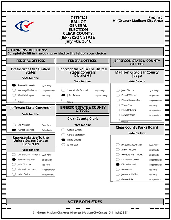 Official Ballot, General Election, Clear County Jefferson State. July 4, 2016, Precinct 01 (Greater Madison City Area)