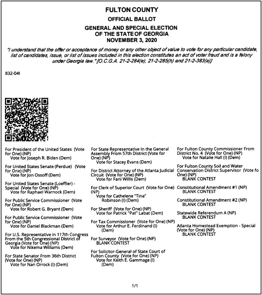 Fulton County Official Ballot: General and Special Election of the State of Georgia, November 3, 2020