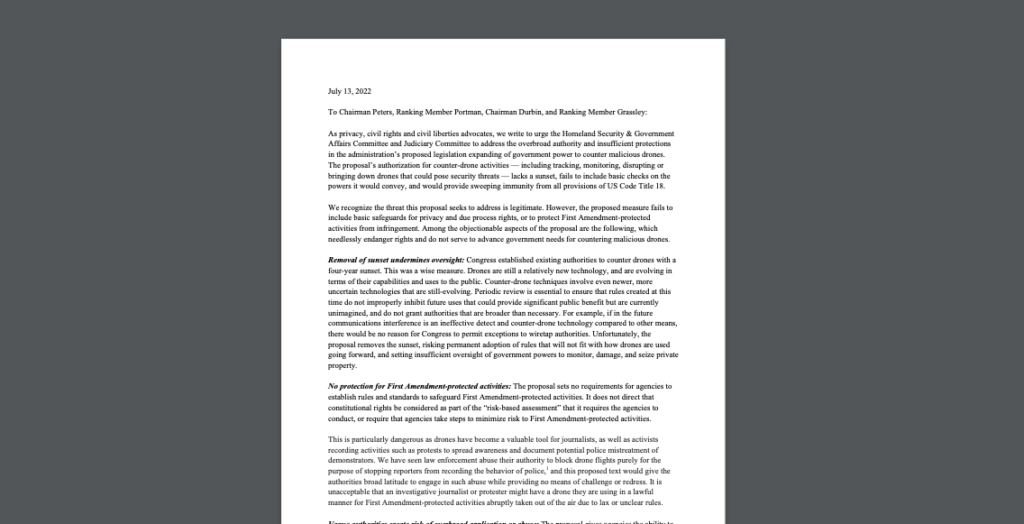CDT sent a letter to the Senate Homeland Security and Judiciary Committees urging them to fix problems with the Administration's proposed counter-drone legislation. White document on a dark grey background.
