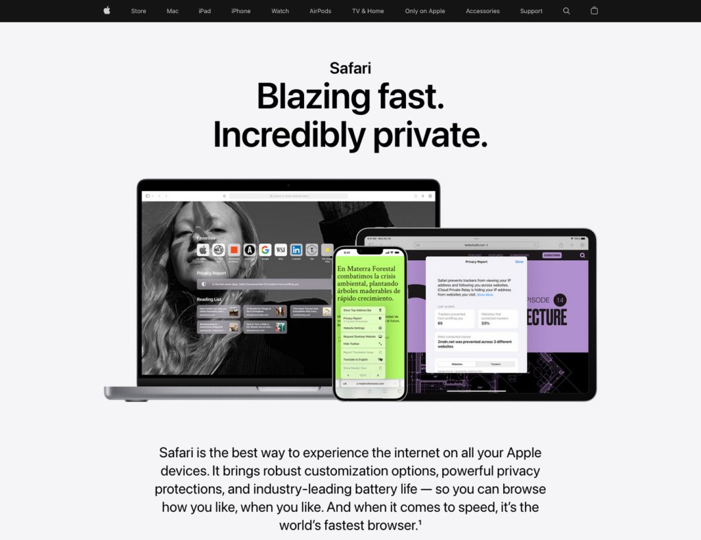 Screenshot of Apple's Safari marketing webpage, as of August 4, 2022. Source: https://www.apple.com/safari/.