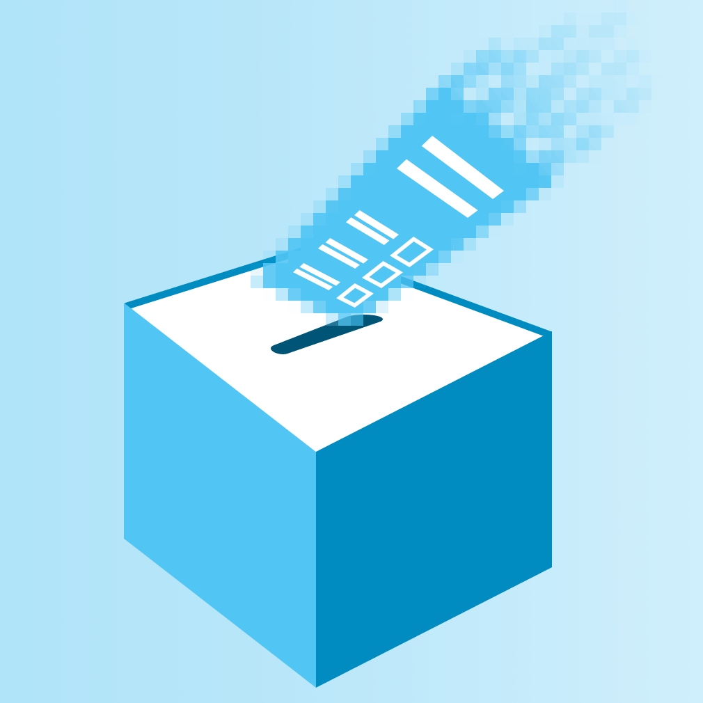 Graphic for CDT's Elections & Democracy work. Light blue gradient background, with a white and light and dark blue colored ballot box – and a ballot with a digitized trail.