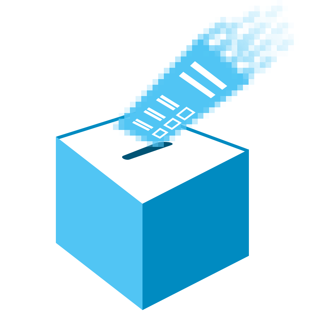 Graphic for CDT's Elections & Democracy work. White background, with a light and dark blue colored ballot box – and a ballot with a digitized trail.