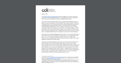 CDT submitted comments to the Facebook Oversight Board on a case regarding a law enforcement request to take down a post containing UK drill music. White document on a dark grey background.