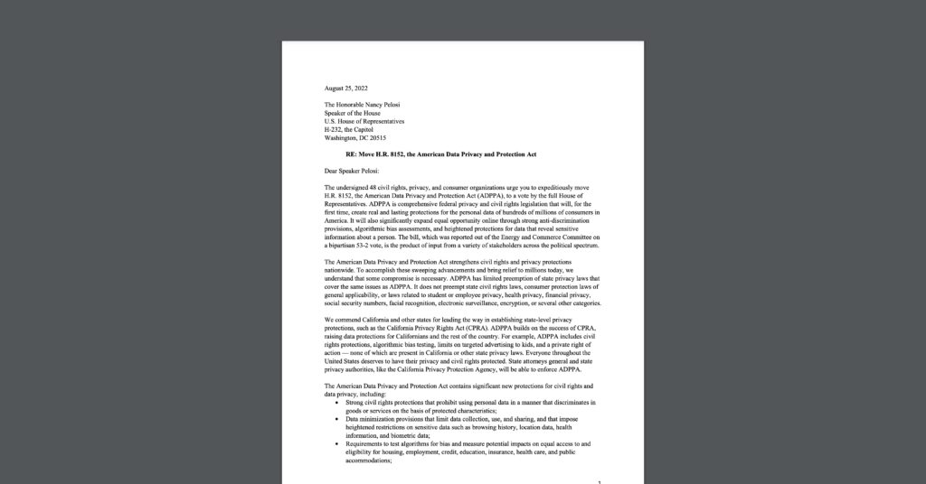 CDT Joins over 45 other organizations in signing a letter, urging Congress to protect Americans' privacy and bring the American Data Privacy and Protection Act to a vote. White document on dark grey background.