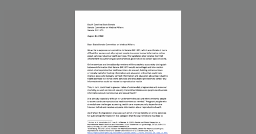 CDT joined an open letter opposing the South Carolina Senate Bill 1373. White document on a dark grey background.