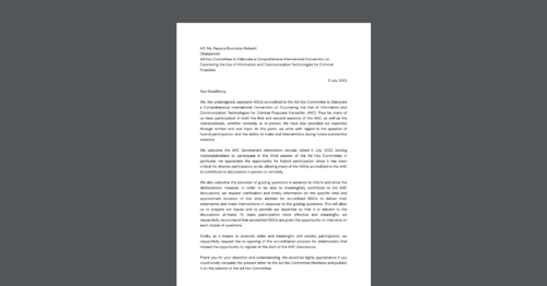 CDT joined a letter to the United Nations' Cybercrime Ac Hoc Committee, calling for measures to allow for effective civil society participation. White document on a dark grey background.