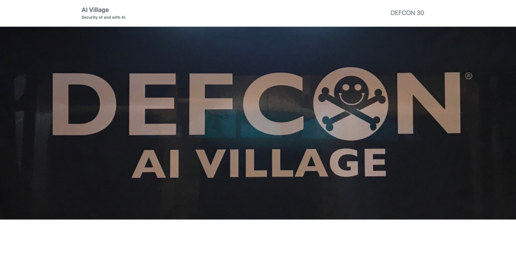 DEFCON 30 AI Village: Security of and with AI. Dark blue background and light brown text, with a skull and crossbones in the O of "DEFCON."