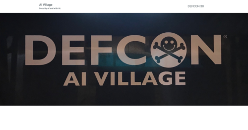 DEFCON 30 AI Village: Security of and with AI. Dark blue background and light brown text, with a skull and crossbones in the O of 