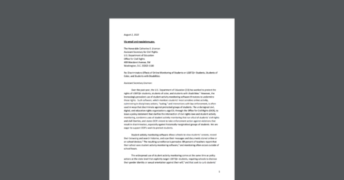 Letter to ED Office for Civil Rights on Discriminatory Effects of Online Monitoring of Students. White document on a dark grey background.