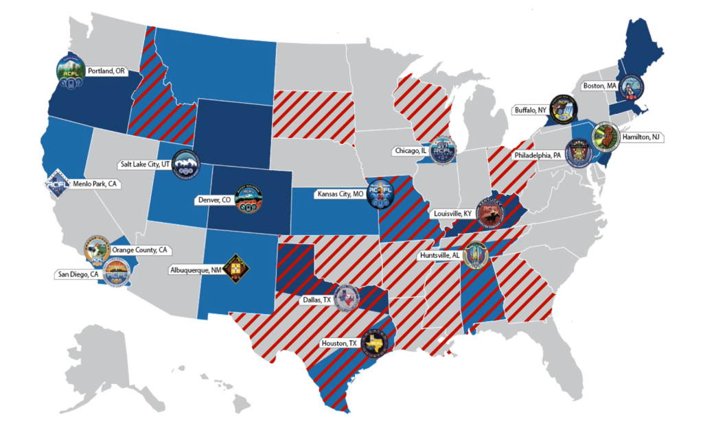 Current set of RCFLs and their coverage, with each blue shaded area representing range of coverage for that RCFL (source: 2020 Annual Report), paired with states that ban abortion — denoted by red striped lines — as of September 8, 2022 (source: New York Times).