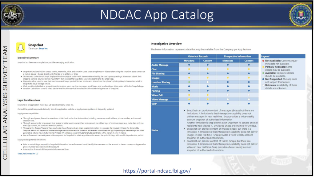 Slide titled "NDCAC App Catalog" from presentation to the Missouri Sheriffs’ Association, displaying an NDCAC catalog entry for app Snapchat. The slide shows an executive summary of the app's capabilities, legal considerations, and an investigative overview of the data that may be available from Snapchat for each app feature.