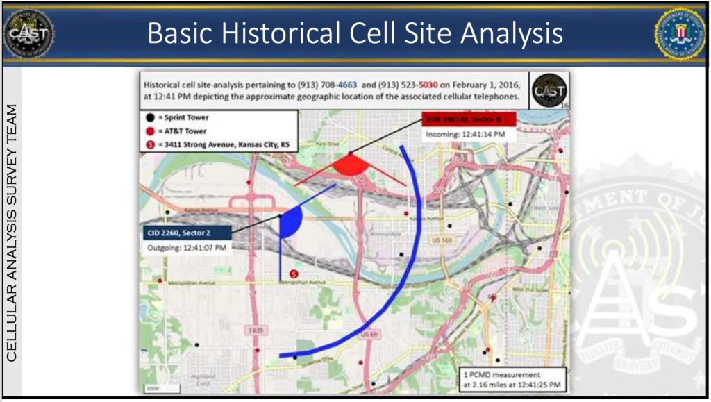 Slide titled "Basic Historical Cell Site Analysis" from presentation to the Missouri Sheriffs’ Association, showing an example of the “CASTViz” tool that uses cell-site data to map movements. The slide reads, "historical cell site analysis pertaining to (913) 708-4663 and (913) 523-5030 on February 1, 2016, at 12:41 PM depicting the approximate geographic location of the associated cellular telephones." The slide also shows a map of Kansas City, Kansas, displaying the locations of Sprint and AT&T cell towers. 