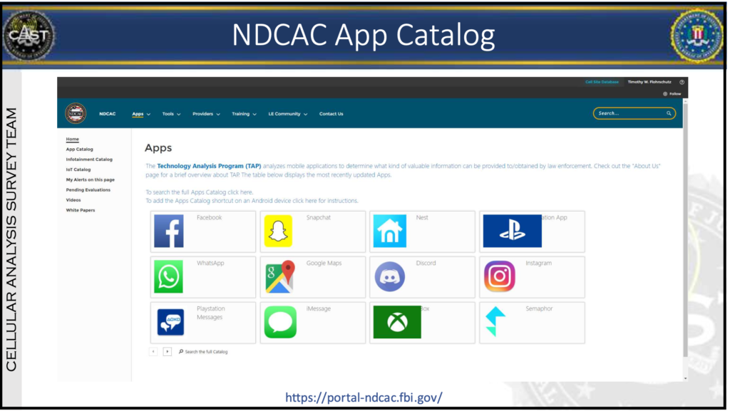 Slide titled "NDCAC App Catalog" from presentation to the Missouri Sheriffs’ Association, displaying a subsection of the apps available in the NDCAC App Catalog through the Technology Analysis Program (TAP). Apps displayed are Facebook, Snapchat, Nest, Playstation, WhatsApp, Google Maps, Discord, Instagram, iMessage, Xbox, and Semaphor.