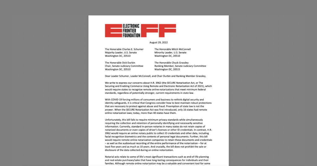 CDT, EFF, and Demand Progress raise urgent concerns with the Secure Notarization Act in a letter to Congress. White document on a grey background.