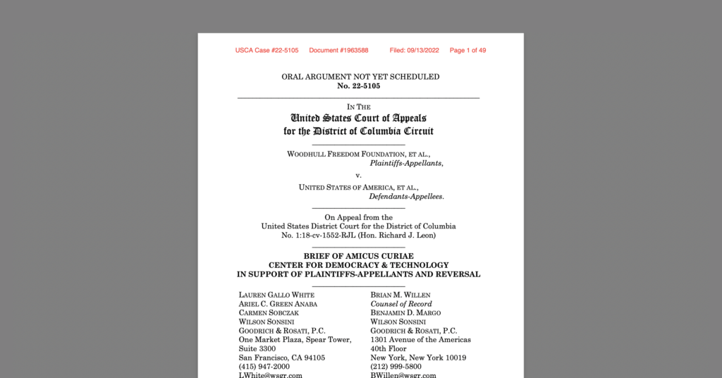 CDT filed an amicus brief in Woodhull v. United States, a case challenging the constitutionality of Allowing States and Victims to Fight Online Sex Trafficking Act (FOSTA). White document on a grey background.
