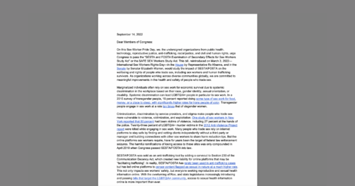 CDT joins 75 other organizations in urging Congress to pass the SAFE SEX Workers Study Act, to study the impact of SESTA/FOSTA. White document on a grey background.