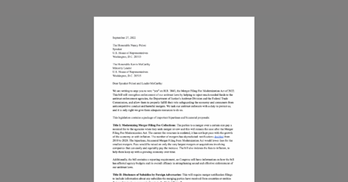 CDT Joins Civil Society Groups in Letter to U.S. House Leadership on Merger Filing Fees. White document on a grey background.