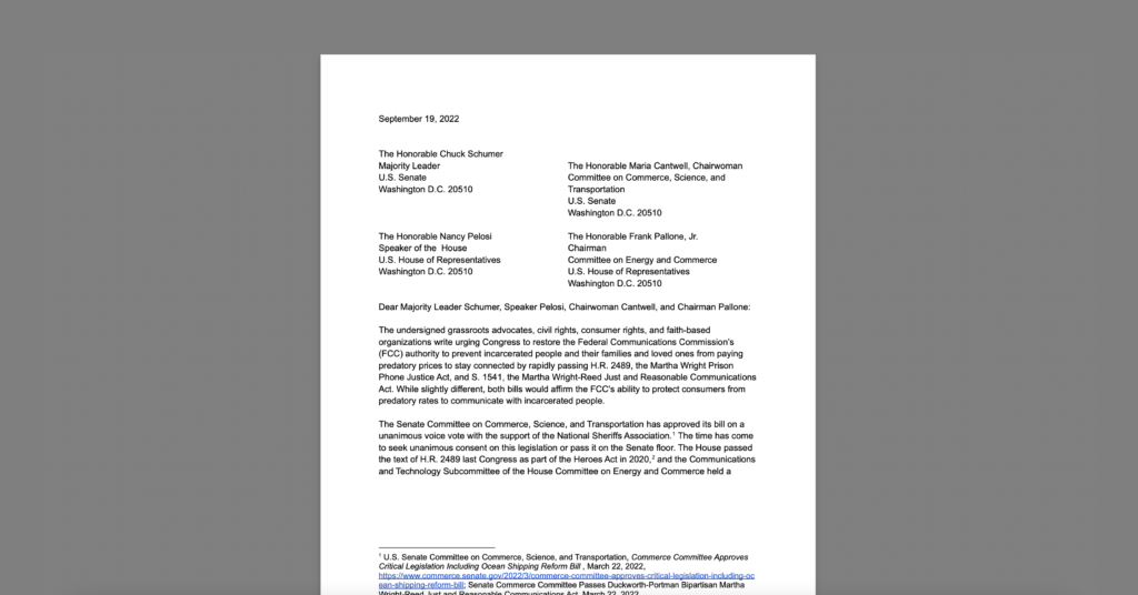 CDT joins a broad coalition urging Congress to pass phone-justice legislation. White document on a grey background.