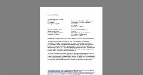 CDT joins a broad coalition urging Congress to pass phone-justice legislation. White document on a grey background.