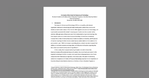 CDT Urges the U.S. Department of Education to Protect LGBTQI+ Students from Discriminatory Data & Tech Use in Proposed Title IX Rules. White document on a grey background.