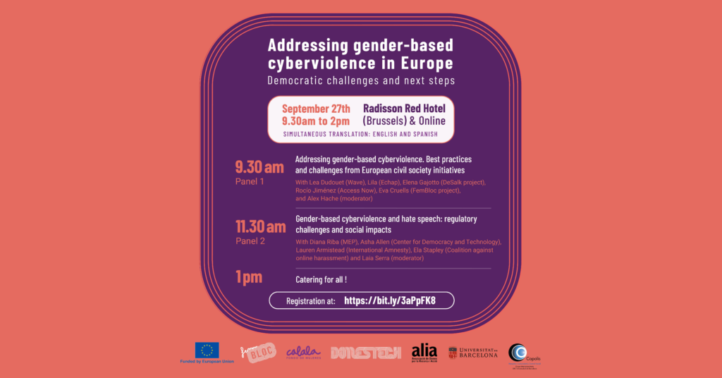 Graphic for a FemBloc event, entitled "Addressing gender-based cyberviolence in Europe: Democratic challenges and next steps." Dark orange background, with a purple square centered and text in white.