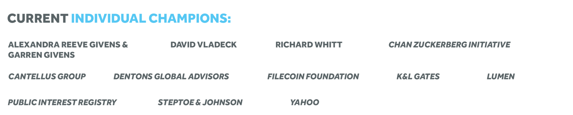 These are CDT's current Individual Champion level sponsors for our 2022 Tech Prom. Image includes various names in grey text on a white background.