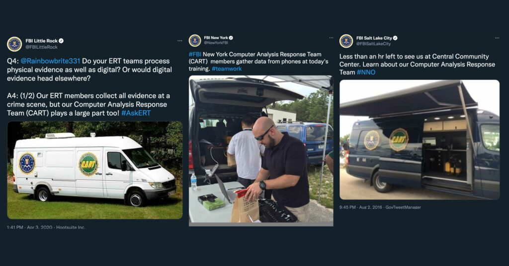 Screenshots of tweets. CART providing mobile assistance and displaying its operational capabilities in Little Rock, New York, and Salt Lake.