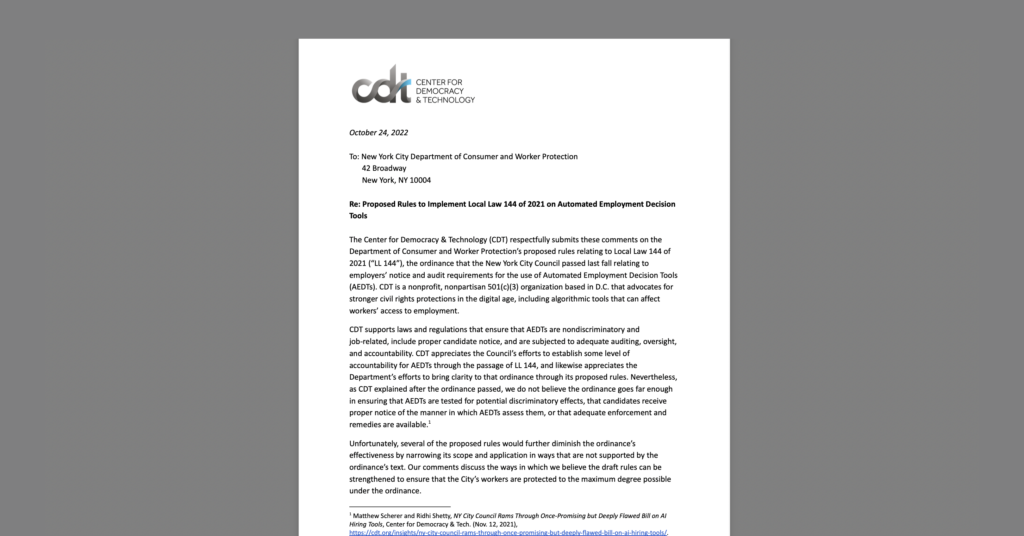 CDT Comments to New York City Department of Consumer and Worker Protection on Proposed Regulations on Automated Employment Decision Tools. White document on a grey background.