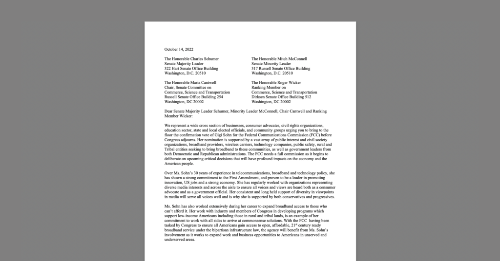 CDT Joins Hundreds of Orgs in Calling for U.S. Senate to Nominate Fifth FCC Commissioner. White document on a grey background.