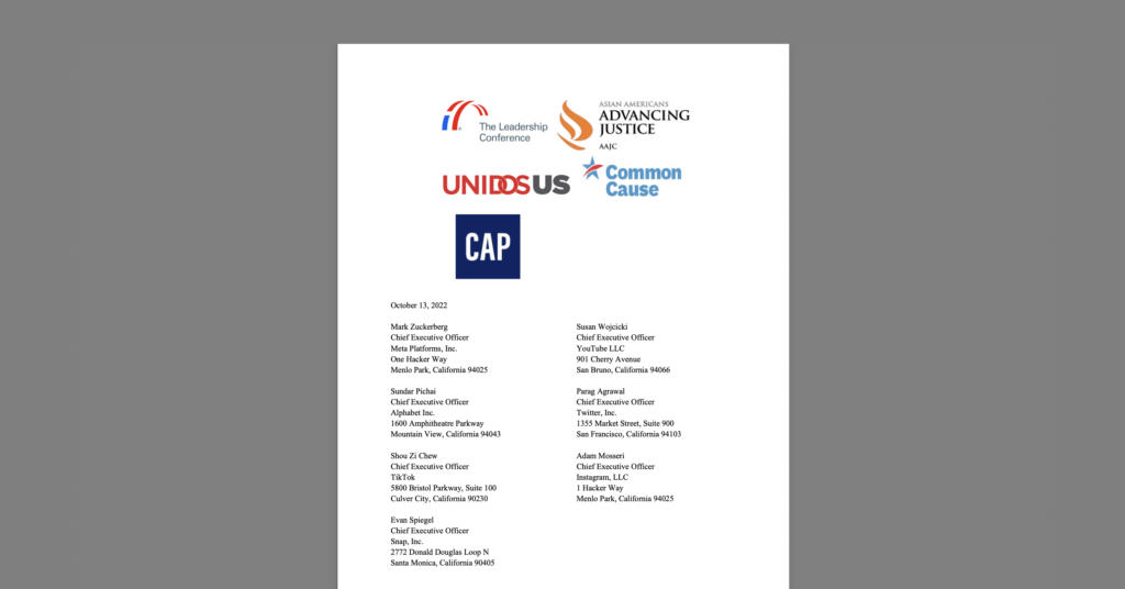 CDT Joins Letter to Social Media Platforms Reiterating Importance of Curbing the Spread of Disinformation Before U.S. Midterms. White document on a grey background.