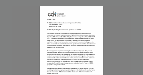 CDT Submitted Testimony Regarding DC Stop Discrimination by Algorithms Act. White document on a grey background.