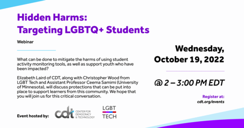 Graphic for a joint-CDT and LGBT Tech event, entitled 