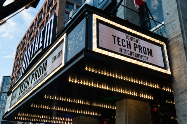 The marquee at the Anthem in Washington, D.C., all lit up in bright lights, reading "Tonight," "Tech Prom," and "#TechPromCDT."