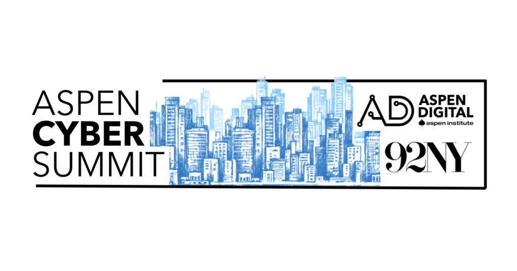 Event graphic for the 2022 Aspen Cyber Summit, held at the 92nd Street Y in New York City. Skyline of NYC in blue outline.