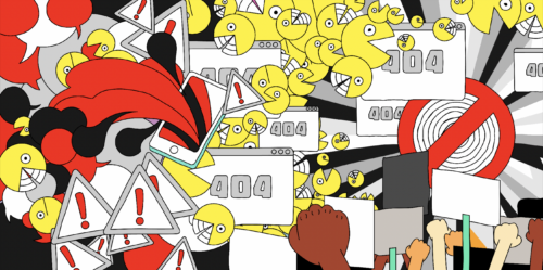 Red, yellow, black and white illustration of hands protesting, web browsers with 