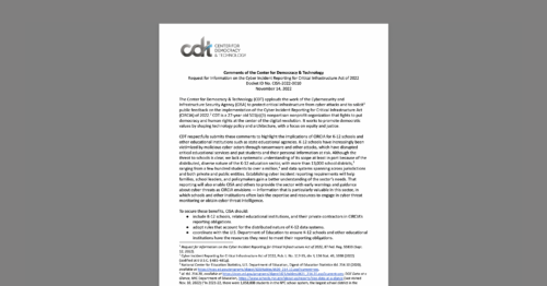 CDT Comments on Cyber Incident Reporting for Critical Infrastructure Act (CIRCIA). White document on a grey background.