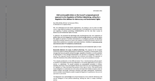 CDT Europe Joins Civil Society Letter on the Council’s Proposed General Approach to the Regulation of Political Advertising. White document on grey background.