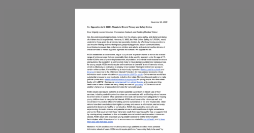 Coalition Letter On Privacy and Free Expression Threats in Kids Online Safety Act. White document on a grey background.
