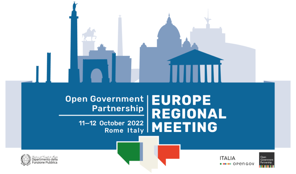 Graphic which announces Open Government Partnership's Europe Regional meeting, its date, 11-12 October 2022, and location, Rome, Italy, with blue drawings of Roman buildings, and a logo with discussion bubbles in the colours of the Italian flag.