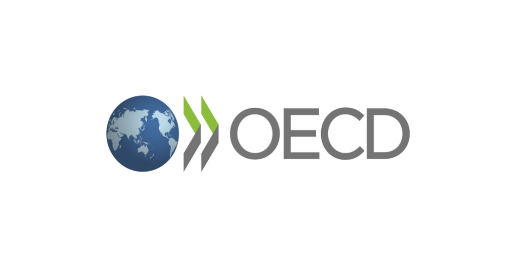 Logo for the Organisation for Economic Co-operation and Development (OECD). Blue image of earth, on a white background.