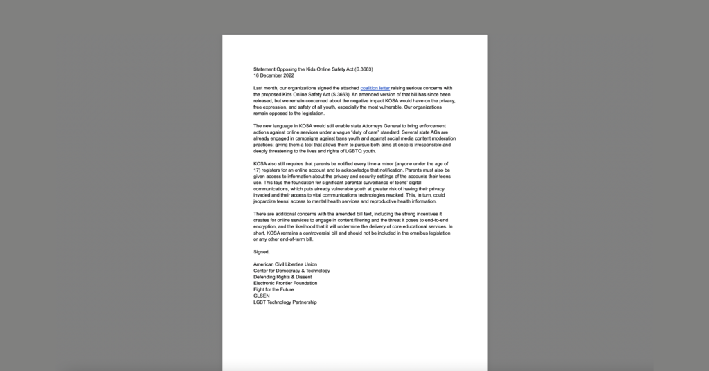 CDT, Civil Rights Orgs Urge Congress to Not Advance KOSA, Detailing Continued Risks to Minors and LGBTQ+ Teens. White document on a grey background.