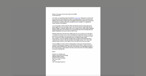 CDT, Civil Rights Orgs Urge Congress to Not Advance KOSA, Detailing Continued Risks to Minors and LGBTQ+ Teens. White document on a grey background.