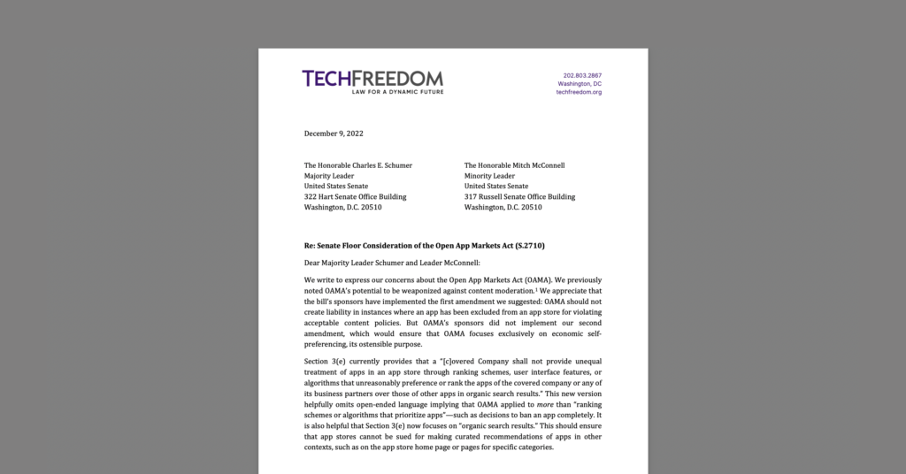 CDT Joins Coalition Letter Calling for Necessary Amendments to the Open App Markets Act. White document on a grey background.