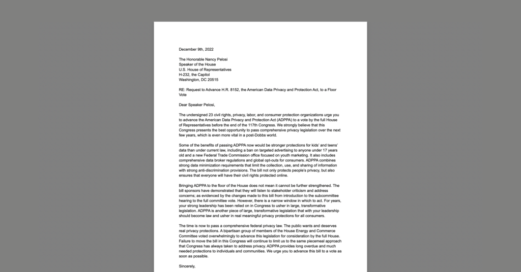 CDT Joins a coalition letter to Speaker Pelosi calling for an ADPPA vote. White document on a grey background.