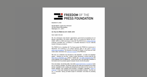 CDT Joins Dozens of Press Rights and Civil Liberties Orgs Urging Senate to Call a Vote on PRESS Act. White document on a grey background.