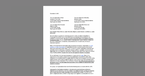 CDT Joins Letter Opposing Antitrust Exemption for Group Boycotts by Publishers and Broadcasters. White document on a grey background.